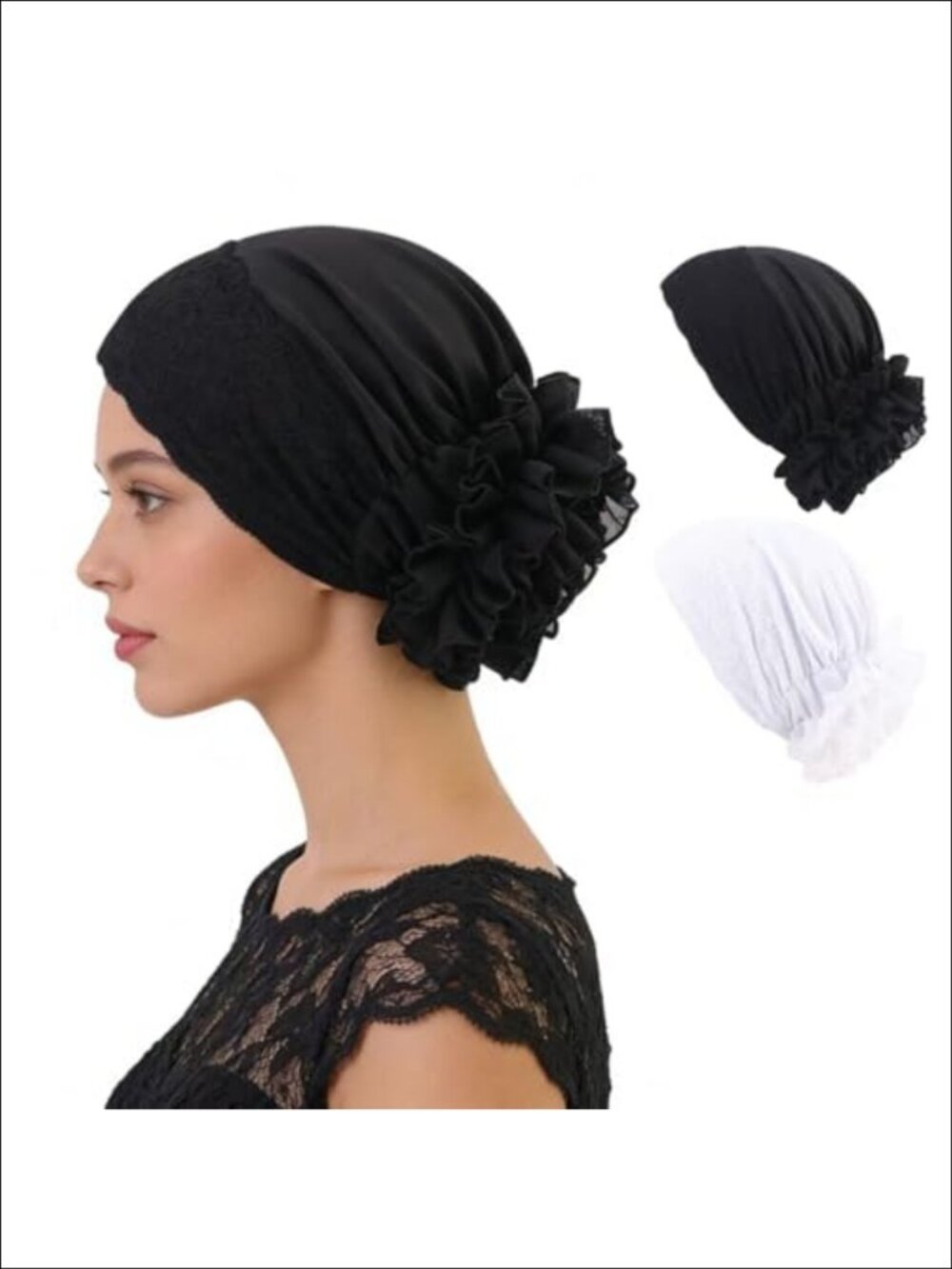 2 Pc Lace Trim Satin Turban Beanie with Floral Pre-Tied Headscarf